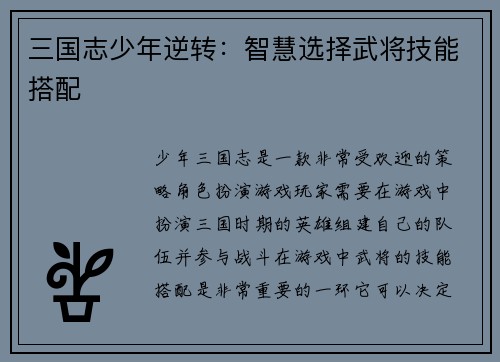 三国志少年逆转：智慧选择武将技能搭配